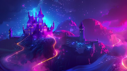 Obraz premium A surreal castle with floating turrets and iridescent walls, standing on a glowing hill style