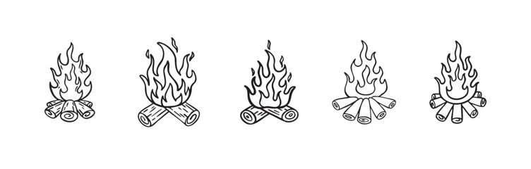 Doodle campfire for camp set. outline fire camping, hand drawn campfire for outdoor activities