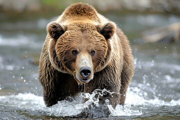 Obraz premium Grizzly bear (Ursus arctos horribilis) fishing in river, close-up