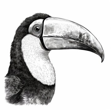 recommend clip art: Black and white Vintage engraved art of a portrait of a toucan isolated on white background, ink sketch illustration, simple vector art design, highly detailed line art, high contrasty. 