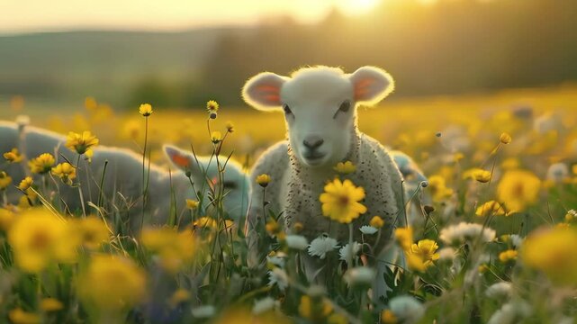 Video recreation of a white lamb in a field at sunset