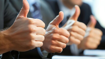 A close-up of business hands giving a thumbs up in a meeting, lots of copy space