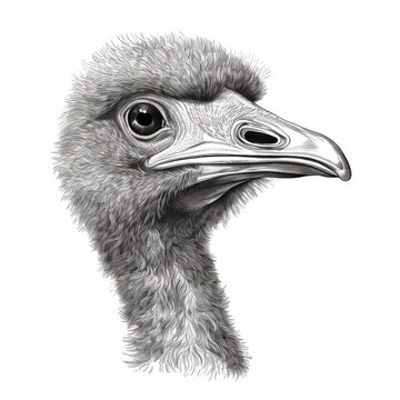 recommend clip art: Black and white Vintage engraved art of a portrait of an ostrich isolated on white background, ink sketch illustration, simple vector art design, highly detailed line art, high contrasty.