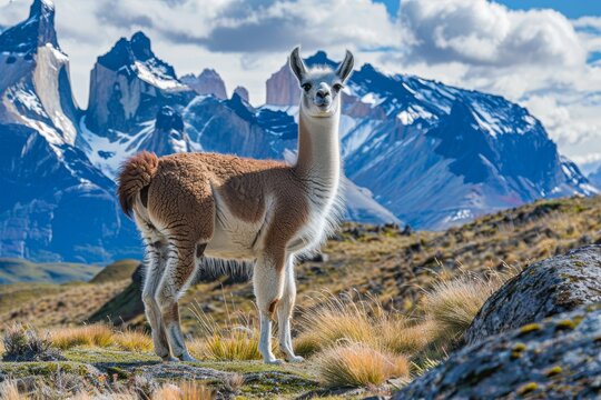 Guanaco (Lama guanaco) standing on the hillside with Torres del Paine mountains in the background