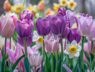 Obraz premium Blooming Beauty: A Vibrant Display of Purple and Pink Tulips and Daffodils at Keukenhof Tulip Park