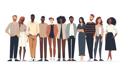 group of people standing next to each other, vector illustration, white background, simple flat design, minimalistic, muted colors