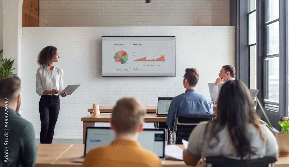Poster In a modern office, a team collaborates during a business presentation to analyze data and charts on a screen, focusing on teamwork, professional discussion, and using technology for decisionmaking