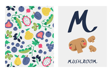 alphabet letters. Cute letter M with mushroom. English alphabet for kids. mushroom cartoon character. A double-sided card with a fruit pattern on the reverse side Educational flat style vector.
