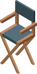 Classic tall director's chair with a wooden frame and blue fabric standing on set, waiting for the film crew