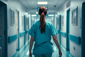 Back view of nurse walking through hospital corridor