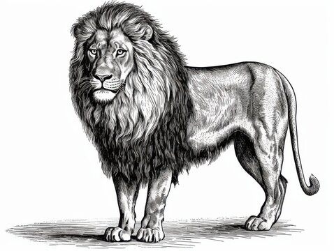 Black and white Vintage engraved art of a lion isolated on white background, ink sketch illustration, simple vector art design, highly detailed line art, high contrasty 
