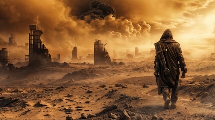 A lonely traveler going through the wasteland. AI generated.