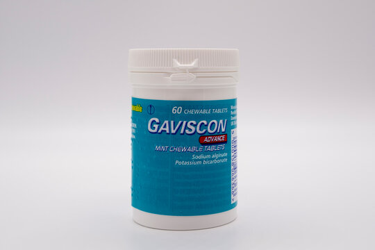  Irvine, Scotland, UK - June 17, 2024: Gaviscon brand by Reckitt Benckiser healthcare (UK) Ltd displaying graphics icons and general information relevant to the image and product.