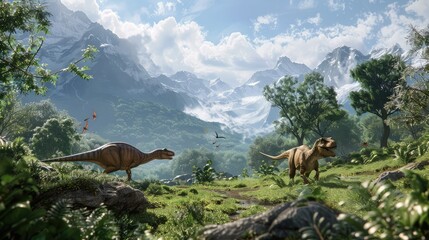 Prehistoric Jurassic landscape with walking dinosaurs. AI generated.