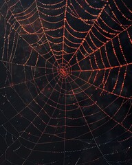 Naklejka premium A close-up view of a spider web, intricate and detailed, highlighted against a dark background, showcasing artistry in nature.