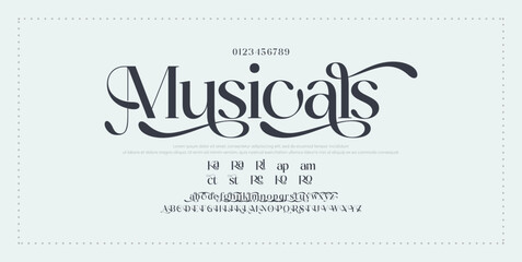 Luxury wedding alphabet letters font with tails. Typography elegant classic serif fonts and number decorative vintage retro concept for logo branding.