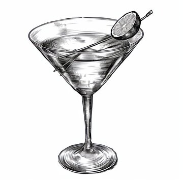 recommend clip art: Black and white Vintage engraved art of a Cosmopolitan isolated on white background, ink sketch illustration, simple vector art design, highly detailed line art, high contrasty