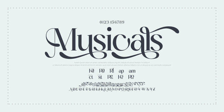 Luxury wedding alphabet letters font with tails. Typography elegant classic serif fonts and number decorative vintage retro concept for logo branding.