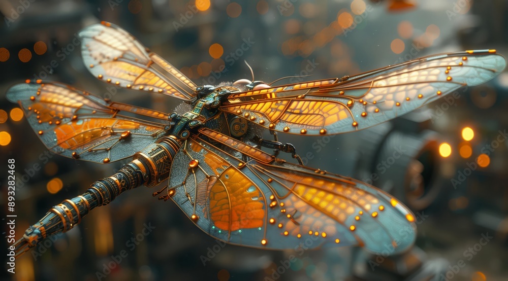 Aufkleber A stunning 3D rendered image of a steampunk dragonfly with intricate gears and mechanisms. The dragonfly's wings are detailed with copper and gold accents, creating a striking contrast against its b