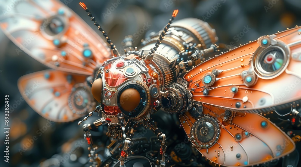 Poster a close-up of a steampunk insect, its body and wings intricately crafted with gears, cogs, and other