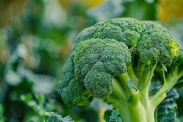 A close-up of a broccoli crown, with a background of a lush vegetable garden 