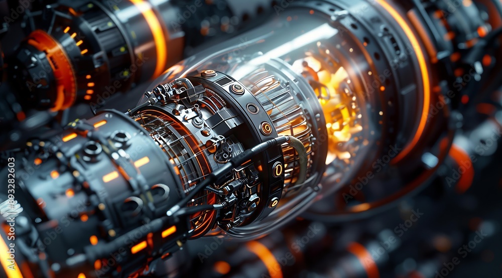Poster A close-up of a futuristic engine with intricate detail and a glowing orange core. The engine is made of metal and glass, with a complex network of gears, wires, and pipes. The image is perfect for