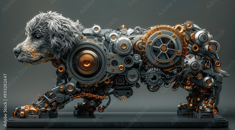Poster a 3d rendering of a dog made entirely of gears, cogs, and other mechanical parts. the dog's head is 