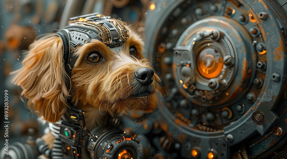 Poster a close-up shot of a dog with a futuristic, mechanical head. the dog is looking to the right with a 