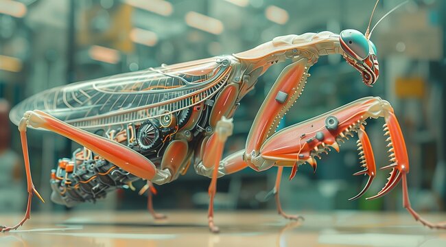 A close-up of a cybernetic praying mantis, showcasing its intricate mechanical details and futuristic design. Its translucent shell reveals a complex network of gears and wires, highlighting the fus