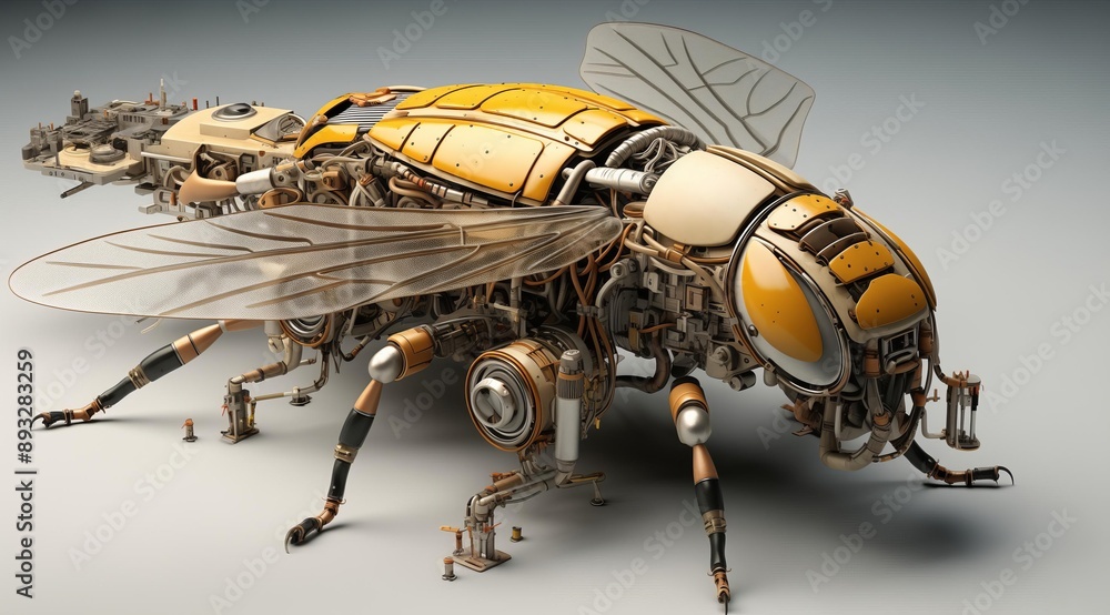 Poster this image showcases a stunning 3d render of a steampunk bee robot. its intricate gears, pipes, and 