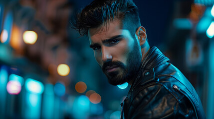 Fototapeta premium Close-up of an attractive young man with a black beard and elegant hairstyle, wearing a leather jacket. She stands on a street in the city, lit by the night glow. 