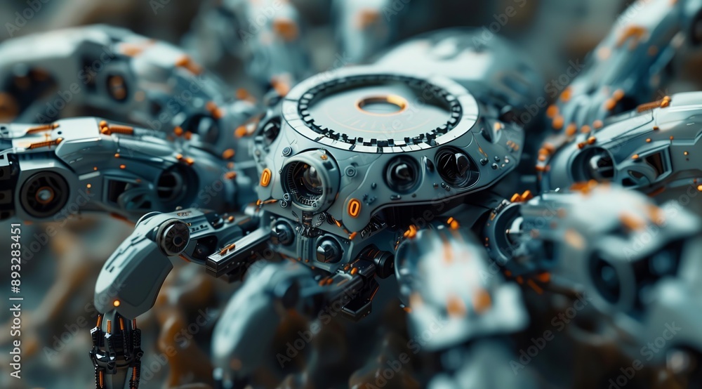 Poster a close-up view of a futuristic spider robot, highlighting its intricate design and mechanical detai