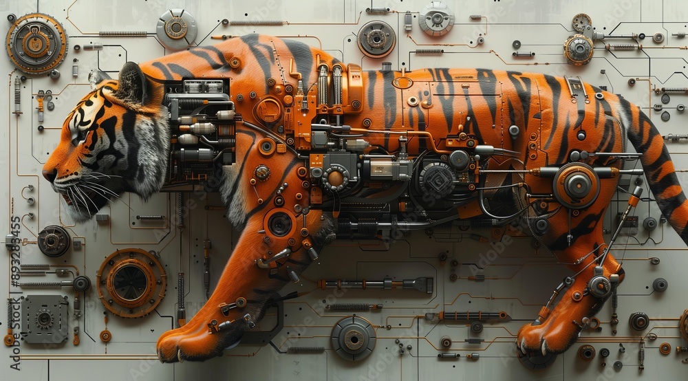 Poster A 3D rendering of a tiger made of gears, cogs, and other mechanical parts, creating a unique and futuristic design. The tiger's fur is replaced with metallic plates, with intricate details and textu