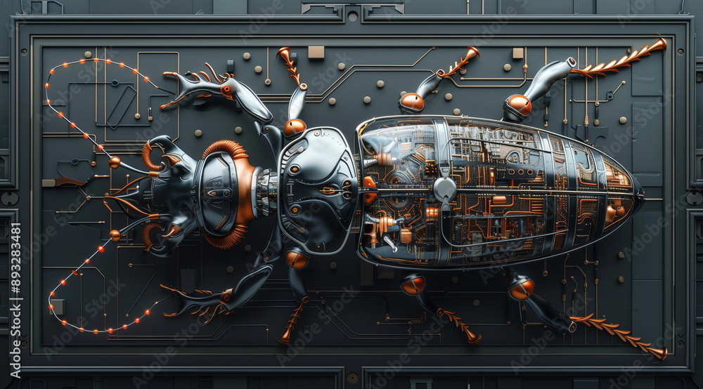 Poster A mesmerizing 3D rendering of a futuristic, cybernetic beetle.  Its metallic exoskeleton is intricately detailed, revealing a complex network of wires and circuits. The beetle's translucent body all