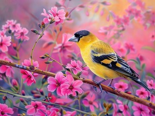 Obraz premium Vibrant Beauty: A Close-Up of a Lesser Goldfinch Amidst Pink Flowers in a Lush Garden Setting