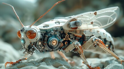 Fototapeta premium A close-up of a mechanical insect, with intricate details and a futuristic design. The insect is made of metal and has a sleek, aerodynamic body. The image is a perfect representation of the interse