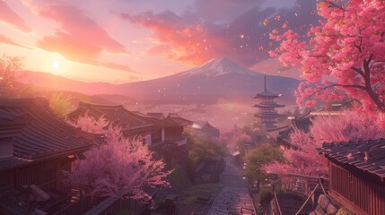 A View of a Street With Cherry Blossoms and a Mountain in the Distance - Generative AI