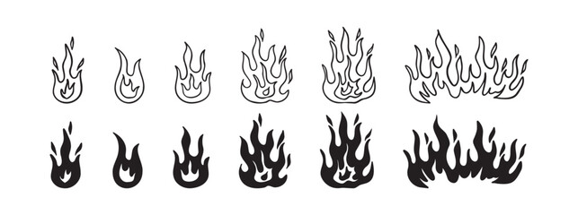 Doodle fire outline set. Vector various fire. flame illustration isolated . 