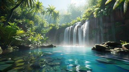 Tranquil tropical waterfall cascading into a crystal-clear pool.