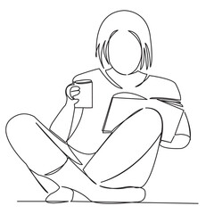 continuous single drawn one line girl reads a book and drinks hand-drawn picture silhouette coffee. Line art. doodle