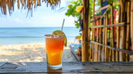 Refreshing tropical cocktail with lime wedge and straw on a beach bar counter.