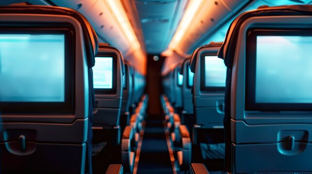 Airplane cabin interior view focusing on seat-back screens