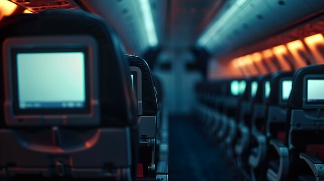 Airplane cabin with seat-back screens illuminated by soft lighting