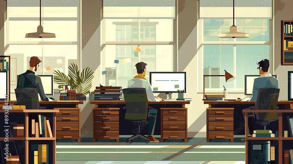 Poster man working with computer in modern office workspace for professional teamwork concept.