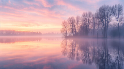 Fototapeta premium A picturesque view at sunrise or sunset over a foggy lake, where the reflections of the trees on the water merge with the pink and orange sky. 