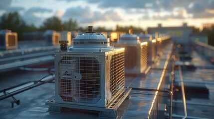 Air compressor or air condenser unit located on roof deck building.