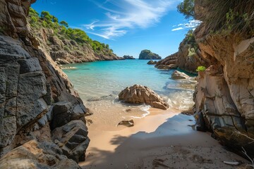 Fototapeta premium Secluded cove with crystal clear water, sandy beach, and rocky cliffs.