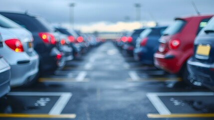 Blurry Airport Parking Lot with Long-Term Parked Vehicles in Diagonal Rows
