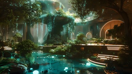 A surreal mansion with floating rooms and bioluminescent gardens, in a mystical setting style