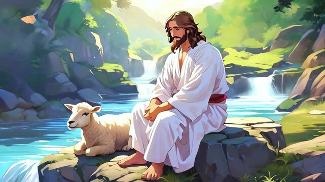 Jesus Crist by the river, with a lamb art painting style animation -- 4k stock video footage AI	